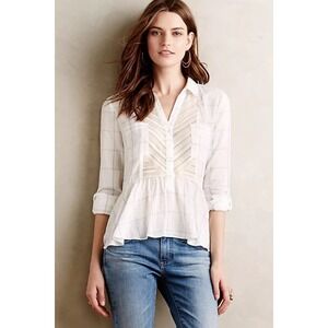 Anthropologie Maeve Plaid Peplum Southbound Buttondown Blouse Top Size 12 White